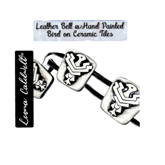 Leona Caldwell ~ Native American Leather Belt with Hand Painted Birds on Ceramic - Picture 2 of 5